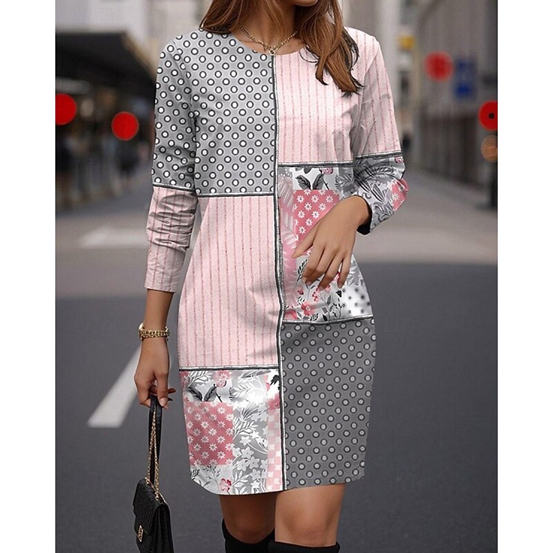 Women's Mini Dress Casual Dress Print Dress Fashion Modern Daily Date Weekend Regular Fit Geometric Color Block Long Sleeve V Neck Pink Red Gray Spring Fall2