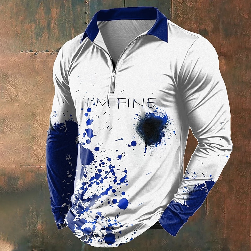 Halloween Men's Blood Splatter Zip Polo Shirts Long Sleeve Polo Shirts Lapel Casual Horror Dark Outdoor Festival Outfit 3D Print Spring Fall Winter Red Blue Purple2