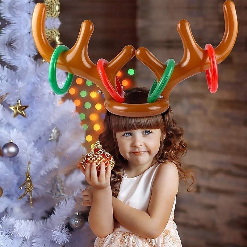 Christmas Reindeer Antler Ring Toss Game Family Set (4 Antlers + 16 Rings), Inflatable Ring Toss Party Toy, Fun Holiday Parent-Child Game for Kids & Adults
