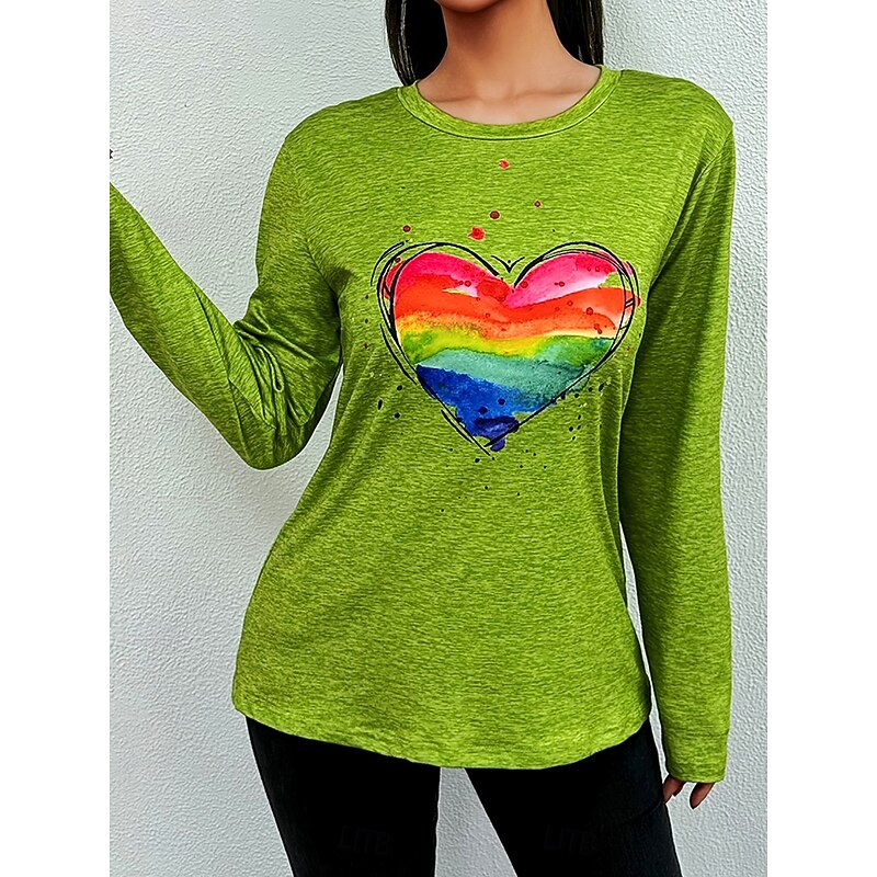 Women's T Shirt Heart Graphic Rainbow Vintage Stylish Classic Long Sleeve Crew Neck Round Neck Regular Tops Daily Print Grass Green Summer Spring Fall2