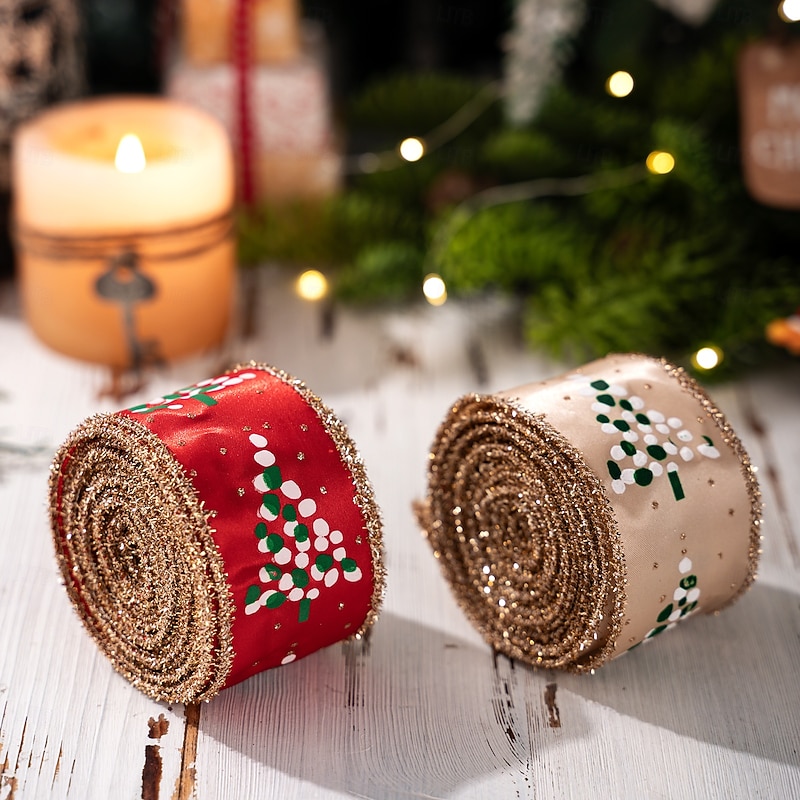 2Pcs Christmas Ribbon Rolls, Printed Glitter Christmas Tree Ribbons, Holiday Satin Decorative Ribbons for Wreath and Christmas Tree Decoration4