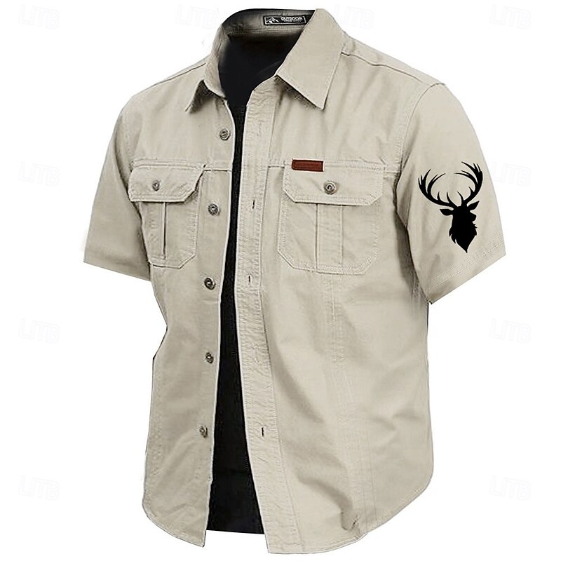Men's Reindeer Work Shirt Western Shirt Cargo Shirt Short Sleeve Casual Tactical Sports Outdoor WorkWear Summer Spring Turndown Front Two Pockets Cotton Button Up Shirts Army Green Khaki Dark Blue3