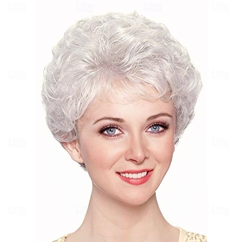 White Short Wigs Womens Curly Wig with Bangs Old Woman Pixie Cut Hair Wig for Cosplay Daily Use