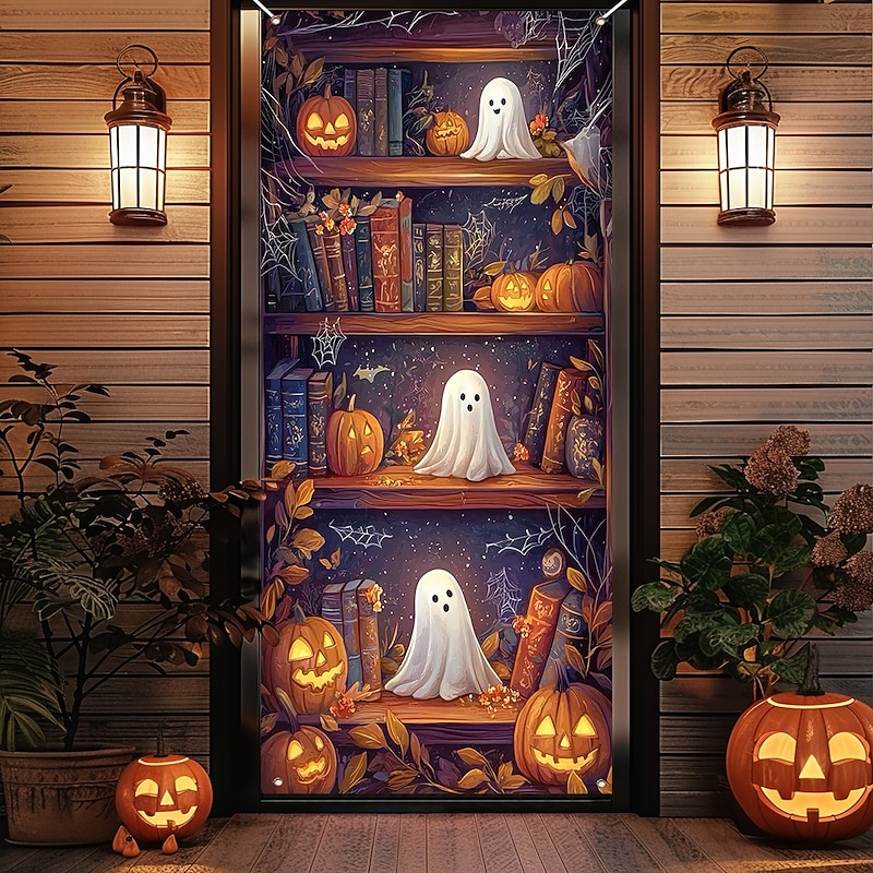 Halloween Door Cover Outdoor Banners Pumpkin Bookshelf Boo 3D Psychedelic Dark Punk Gothic Style Party Outdoor Shooting Backgrounds Front Door Wall Porch Home Decor