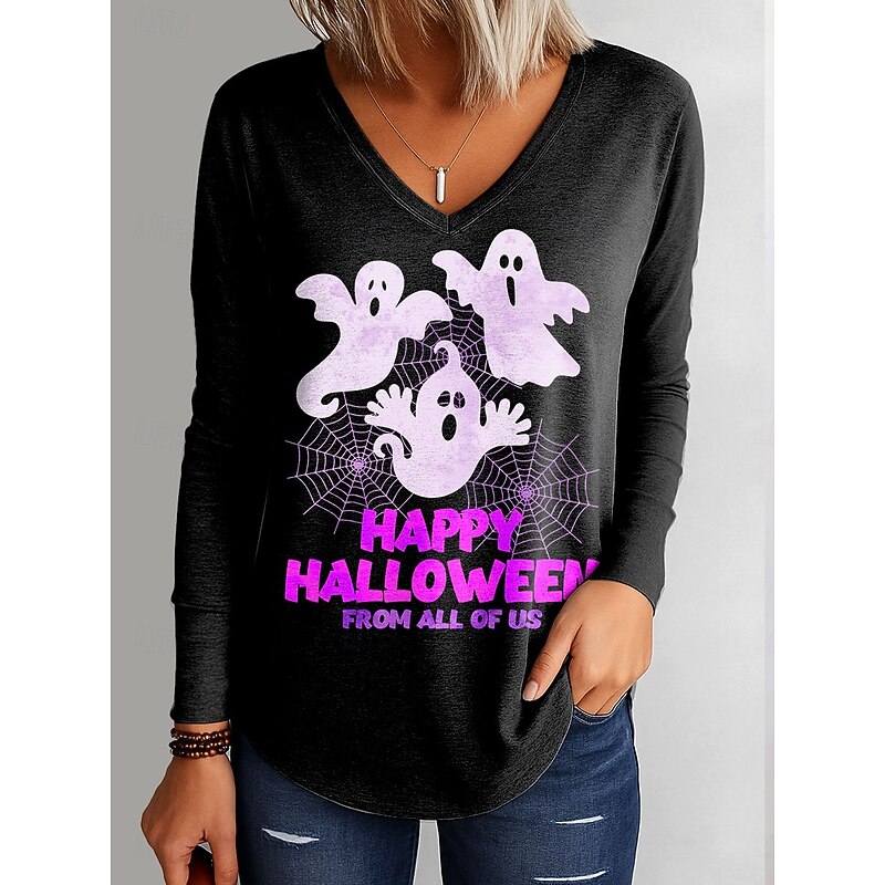 Halloween Women's T shirt Ghost Graphic Letter Elegant Vintage Stylish Long Sleeve V Neck Regular Tops Daily Going out Weekend Print Blue Purple Orange Green Fall Winter4