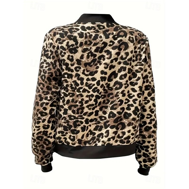 Women's Casual Jacket Warm Quick Dry Zipper Pocket Elegant Fashion Daily Simple Leopard Vacation Casual Daily Holiday Regular Baseball Collar Regular Fit Long Sleeve Outerwear Black Brown Dark Grey2