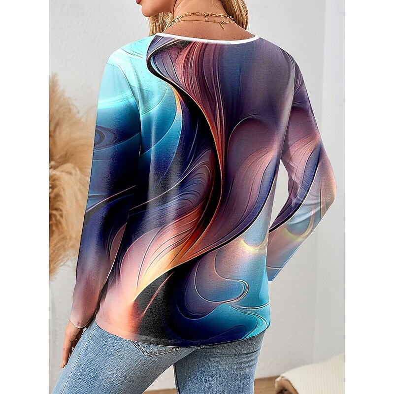 Women's T Shirt Ombre Graphic Abstract Elegant Vintage Stylish Long Sleeve V Neck Regular Tops Daily Weekend Zipper Print Blue Purple Orange Gray Spring Fall2