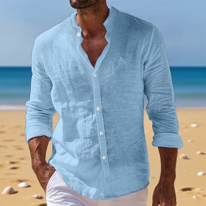Men's Shirt Linen Shirt Summer Shirt Beach Wear Button Up Shirt Plain Vacation Daily Black White Pink Blue Long Sleeve Band Collar Summer Spring & Summer Clothing Apparel4