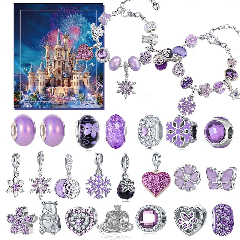 Christmas Advent Calendar Bracelets 2025 for Girls, Purple Style 24 Days DIY Jewelry Making Kit with 22 Charm Beads and 2 Adjustable Bracelets, Xmas Countdown Gift for Kids Teens Women
