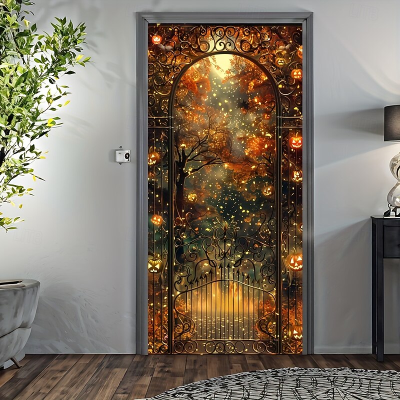 Halloween Door Cover Haunted Castle Pumpkin Lantern Bat Moon Door Tapestry Door Curtain Decoration Backdrop Door Banner for Front Door Farmhouse Holiday Party Indoor Outdoor Decor Supplies3