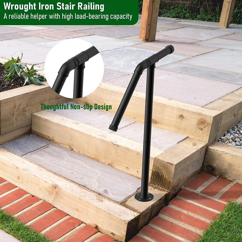 1pc Cast Iron Stair Handrail Kit, Outdoor Vertical Metal Rail, Varnished Finish, with Surface Mount for Exterior Staircase Safety4
