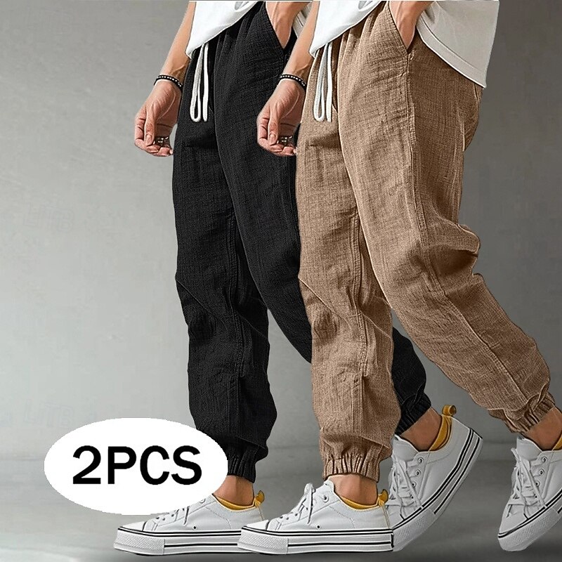 Men's Joggers Linen Pants Trousers Summer Pants Drawstring Pocket Elastic Waist Solid Color Comfort Breathable Full Length Outdoor Vacation Holiday Fashion Classic Style Black+Navy Blue White+Navy