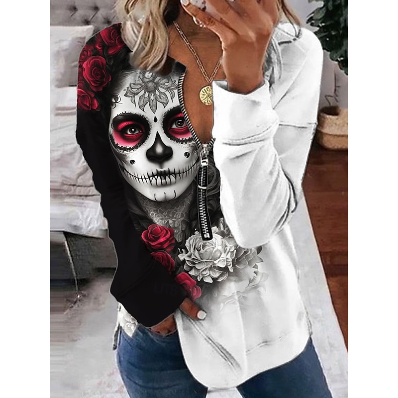 Halloween Women's Pullover Sweatshirt Zip Up Sweatshirts Skulls Graphic Fashion Casual Long Sleeve Crew Neck Regular Tops Street Dailywear Zipper Print Red Orange Green Spring Fall Winter