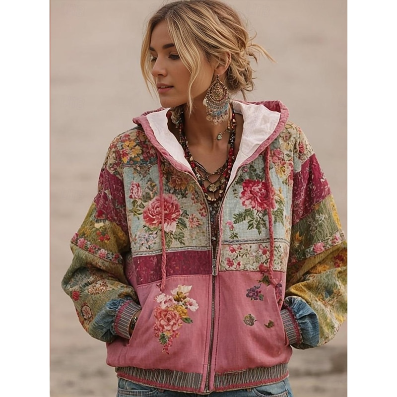 Women's 3D Print Vintage Boho Hoodie Patchwork Hoodie Sweatshirt Floral Zip Up s Floral Graphic Fashion Casual Long Sleeve Hooded  Street Dailywear Casual Patchwork Zipper Pocket Red Spring Fall