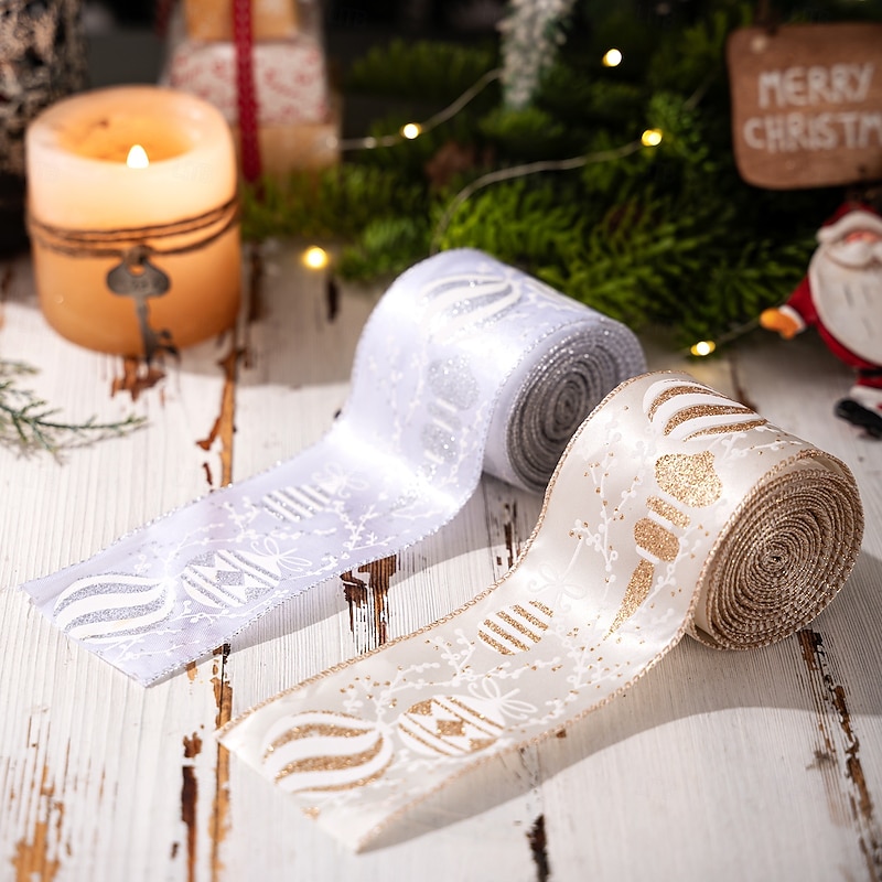 2 Roll Christmas Ribbon, DIY Decorative Silver Christmas Tree Ribbon, Satin Ribbon for Bows and Holiday Decorations3