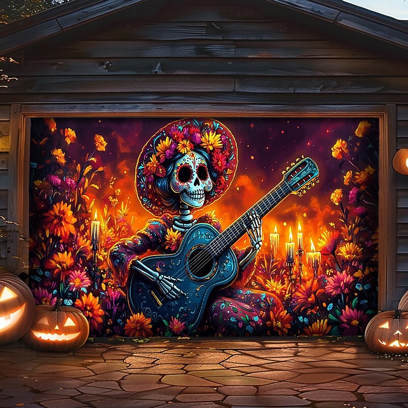 Day of the Dead Garage Door Cover Large Hanging Backdrop Marigold Dark Punk Gothic Style Party Outdoor Shooting Backgrounds Front Door Home Decor
