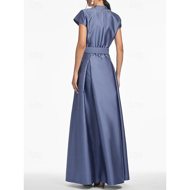 A-Line Evening Gown Elegant Dress Formal Wedding Floor Length Short Sleeve Shirt Collar Satin with Pleats Crystals Side Pockets4