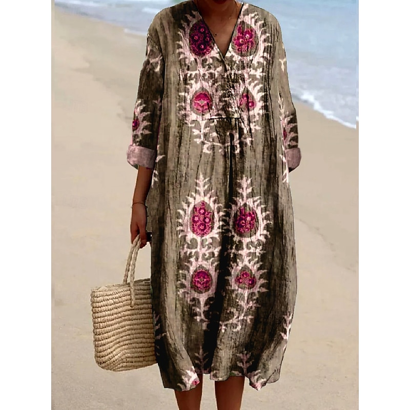 Women's Midi Dress Sundress A Line Dress Vacation Casual Boho Party Holiday Beach Loose Fit Floral Graphic Long Sleeve V Neck Sage Green Dusty Blue Brown Summer Spring Fall3
