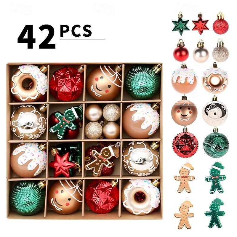 42 pcs Christmas Tree Balls Baubles Ornaments, 6 cm/2.36 inch Xmas Decoration, Red Green Gold Premium Painted Hanging Set, Festive Tree Decor
