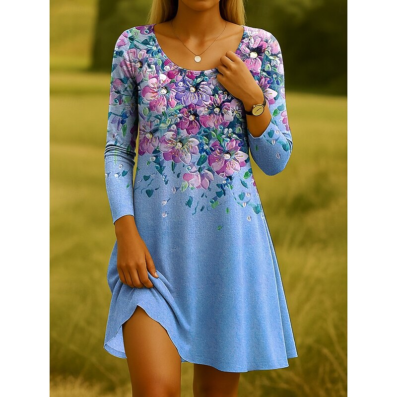 Women's Midi Dress T Shirt Dress Tee Dress Sundress A Line Dress Casual Daily Holiday Date Regular Fit Floral Graphic Long Sleeve Crew Neck Black White Blue Dark Green Summer Spring Fall Winter4