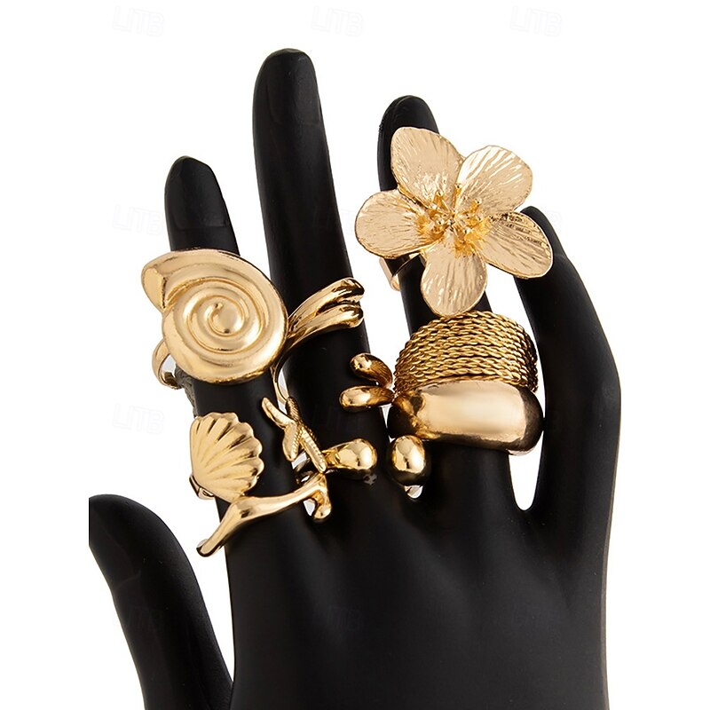 Women's 8-Piece Gold Alloy Adjustable Ring Set – Bohemian Statement Jewelry with Floral, Shell, and Geometric Designs for Parties, Weddings and Everyday Wear4