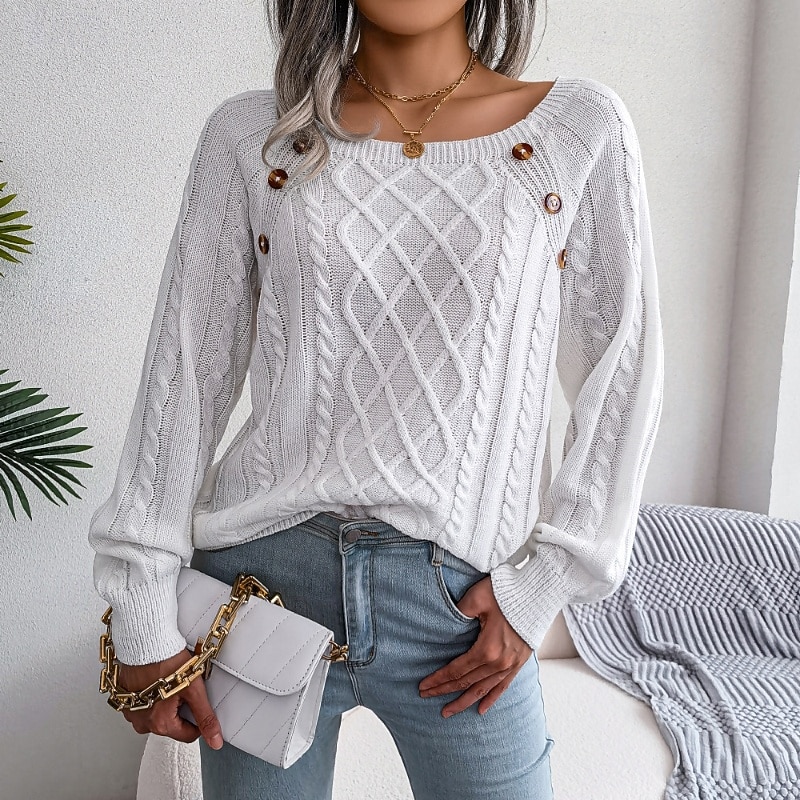 Women's Sweater Casual Solid Color Cable Square Neck Buttons Knitted Long Sleeve Regular Tops Knit Holiday Going out Weekend White Army Green Fall4
