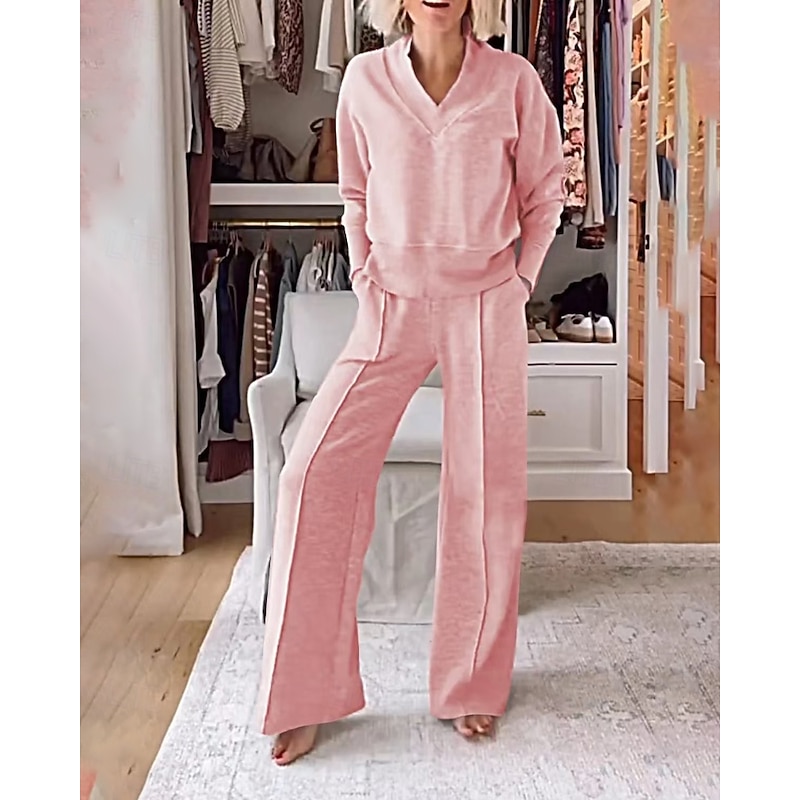 Women's Active Streetwear Blouse Pants Sets Long Sleeve V Neck Solid Color Outdoor Vacation Black White Pink Fall Regular Fit4