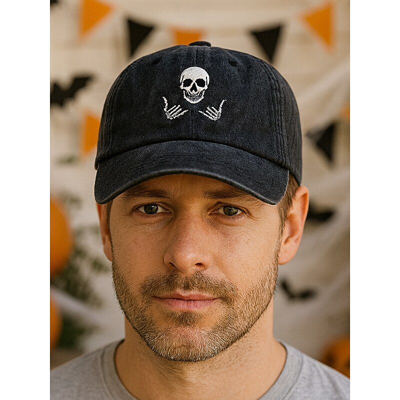Unisex Halloween Skull Print Baseball Cap - Washed Cotton Twill Dad Hat with Adjustable Strap, Breathable, Multiple Colors - Perfect for Gothic Streetwear, Trick or Treating and Everyday Wear