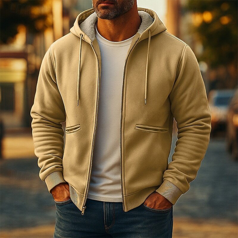 Men's Hoodie Full Zip Hoodie Fleece Hoodie Fleece lined Hoodie Yellow Army Green Khaki Dark Gray Hooded Plain Patchwork Sports & Outdoor Casual Daily Streetwear Cool Sportswear Spring &  Fall4