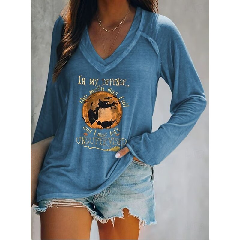 Halloween Women's T shirt Witch Long Sleeve V Neck Long Sleeve Graphic Casual Letter Vintage Stylish Western Tops Daily Weekend Vacation Wear Print Black White Pink Red Blue Spring Fall Prefall3