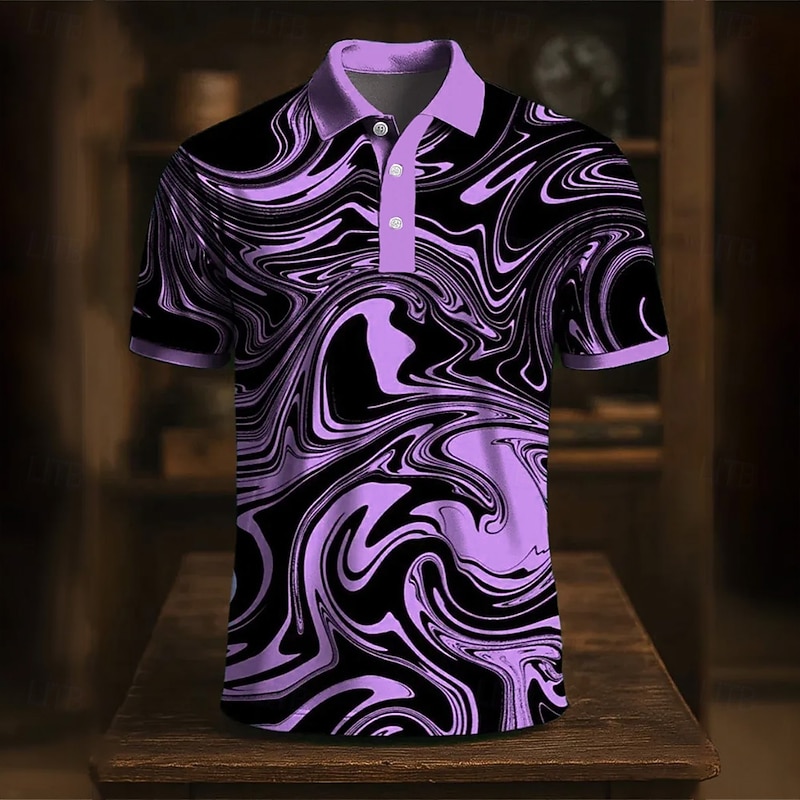 Men's Marble Polo Short Sleeve Polo Shirts Collared Shirts Casual Athleisure Daily Wear 3D Print Buttons Summer Blue Purple Gray3