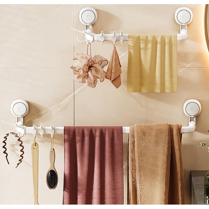 TAILI Suction Cup Towel Bar, Adjustable Adhesive Towel Holder for Bathroom, No Drill Wall Mounted Towel Rack with Sliding Hooks, White Towel Shelf for Kitchen, Toilet, Shower, Door2