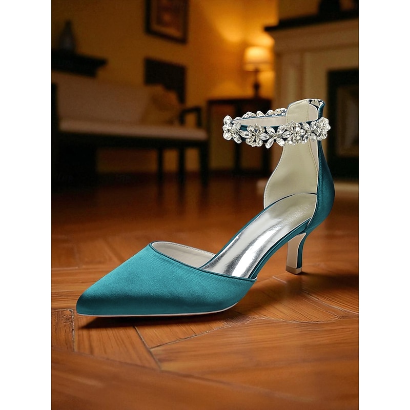 Women's Teal Satin Pointed Toe Heels with Crystal Floral Ankle Strap, Elegant High Heels for Cocktail Parties4