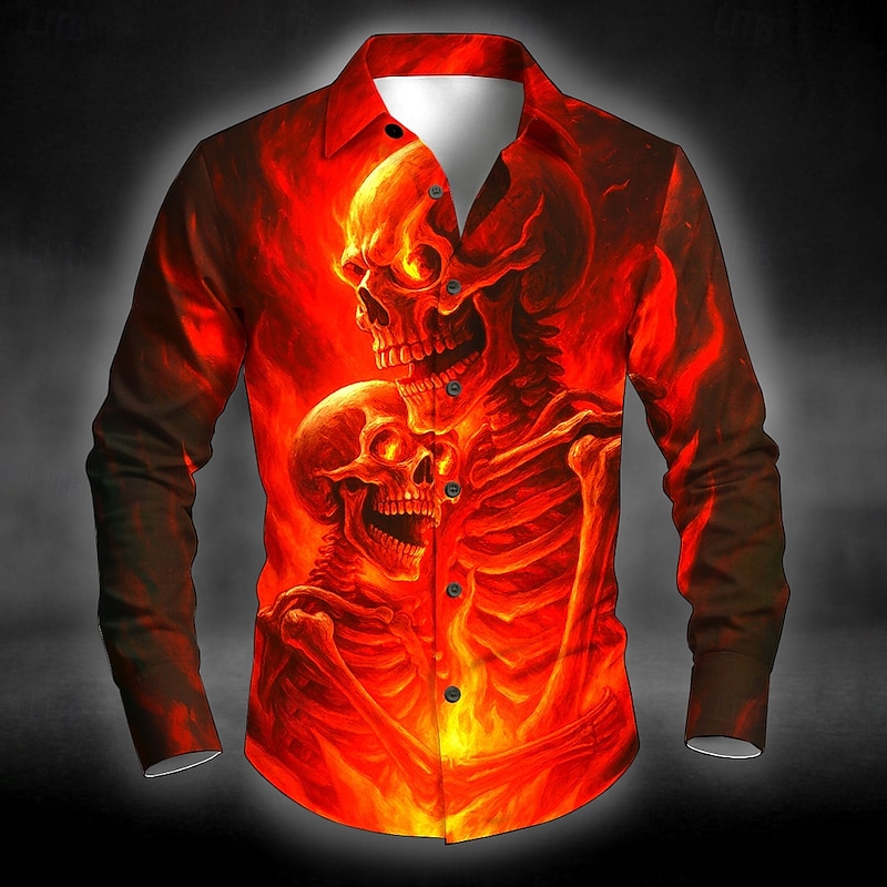 Halloween Men's Skull Skeleton Halloween Costumes Shirt Button Up Shirt Long Sleeve Dark Punk Gothic Style Outdoor Holiday Summer Spring Turndown 3D Print Collared Shirts Black Red Blue Green Dark2