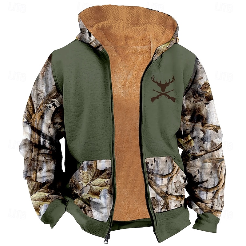 Men's Camo Camouflage Deer Fleece Hoodie Jacket Classic Military Crew Neck Outdoor Camping Khaki Army Green Zip Up Fall Winter Designer2
