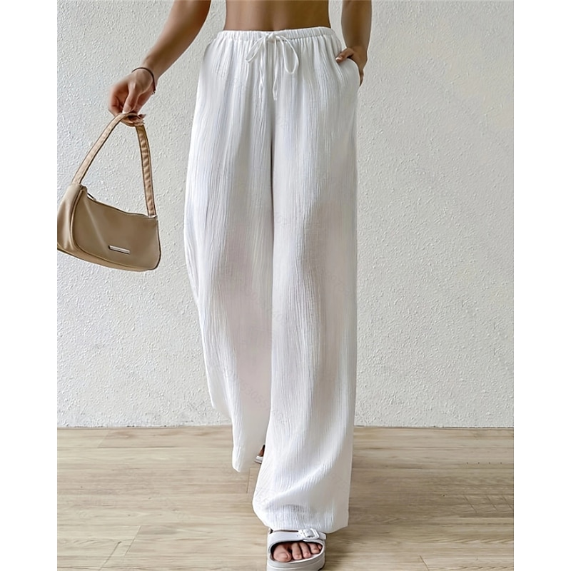 Women's Wide Leg Pants Trousers Palazzo Pants Fashion Streetwear Full Length High Waist Plain Elastic Waist Breathability Comfortable Street Daily Wear Going out Black White Pink Khaki Summer Spring2
