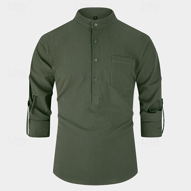 Men's Shirt Band Collar Shirt Popover Shirt Casual Shirt Black White Yellow Red Navy Blue Long Sleeve Plain Henley Daily Going out Front Pocket Clothing Apparel Elegant Fashion3