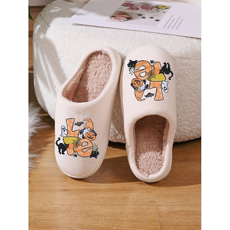 Women's Halloween Indoor Slippers – Cozy Fleece-Lined House Shoes with Cute Witch & Ghost Print, Soft Non-Slip Warm Flats for Autumn Home Wear & Holiday Gifts3