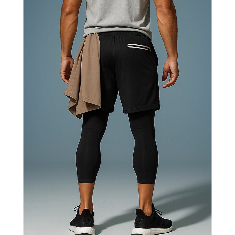 Men's Compression Pants Running Tights 2 in 1 High Waist Bottoms Athleisure Gym Workout Fall Quick Dry Breathable Gym Basketball Workout Regular Fit Sportswear Activewear Solid Colored Black White2