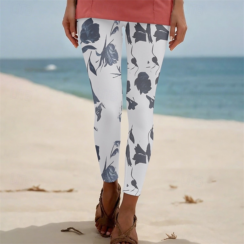Women's Pants Trousers Leggings Cozy Leggings Streetwear Casual Full Length High Waist Floral Elastic Waist Print Breathability Comfortable Stretchy Vacation Street Daily Wear White Pink Blue Summer