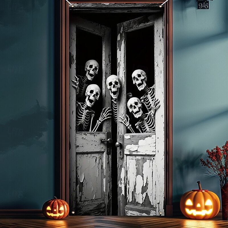 Halloween  Door Covers Creepy Skeletons Behind the Door 2025 Halloween Door Curtain Decoration Backdrop Door Banner for Front Door Farmhouse Holiday Party Indoor Outdoor Decor Supplies