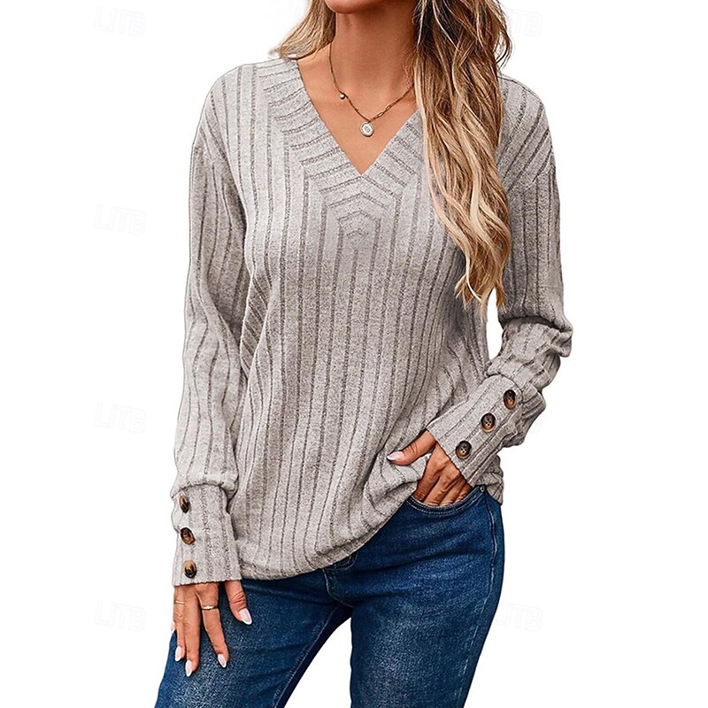Women's Sweater Pullover Daily Stylish Casual Solid Color Ribbed V Neck Buttons Knitted Long Sleeve Regular Tops Knit Daily Holiday Going out Black Wine Fall Winter