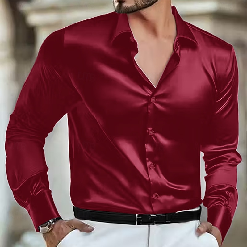 Men's Shirt Silk Like Satin Shirt Dress Shirt Button Up Shirt Plain Formal Wedding Black White Wine Blue Long Sleeve Lapel Spring &  Fall All Seasons Clothing Apparel2