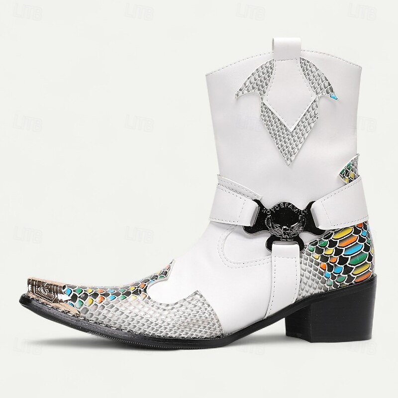 Men's White Genuine Leather Western Boots with Snake Print Design, Cowboy Style Pointed Toe Boots for Festivals, Concerts and Fashion Shows3