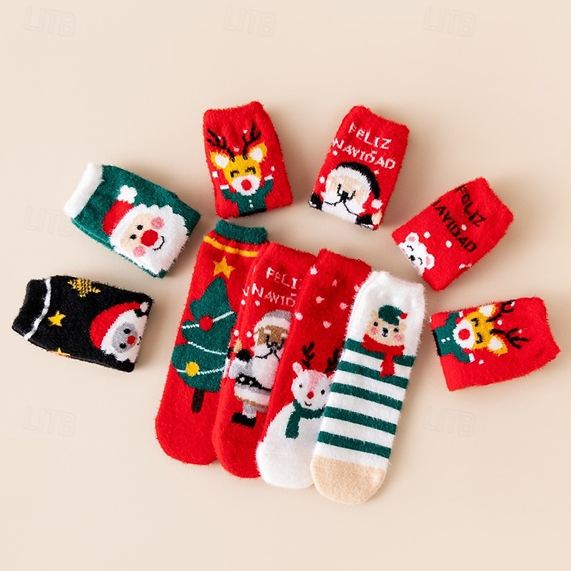 Christmas Socks for Women, Cute Mid-Calf Plush Fuzzy Socks, Faux Mink Winter Warm Socks with Cartoon Reindeer & Santa Claus Design, Holiday Gift Cozy Sleep Socks
