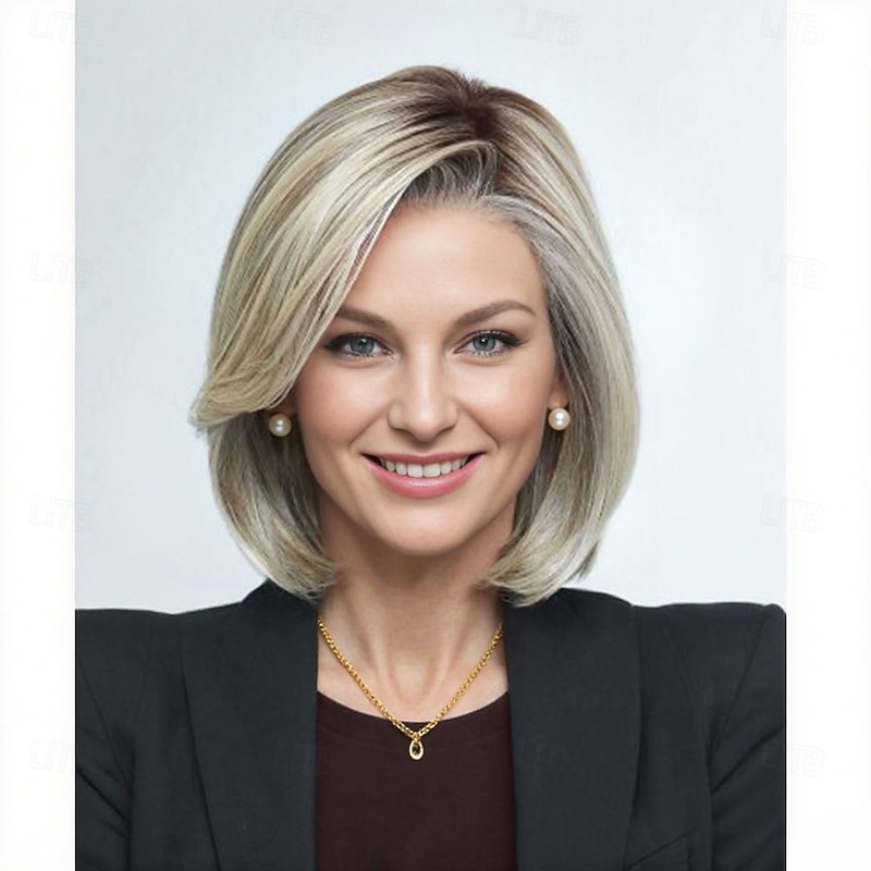 Women's Short Layered Blonde Bob Wig with Silver Highlights – Heat-Resistant Synthetic Hair for Cosplay, Halloween & Daily Fashion