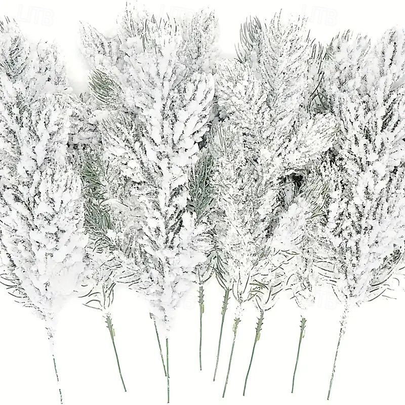 12/24pcs Christmas Snow Frosted Pine Needles – Realistic Iced Pine Branches with Snow Tips for Tree, Wreath, and Winter Centerpiece Decorations – Durable Plastic Evergreen Sprigs for Indoor/Outdoor Holiday Decor2