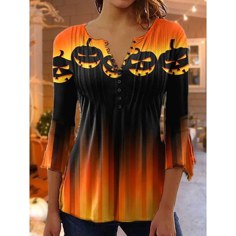 Halloween Women's Blouse Graphic Gradient Elegant Vintage Stylish 3/4 Length Sleeve V Neck Regular Tops Daily Going out Ruffle Buttons Blue Orange Spring Fall