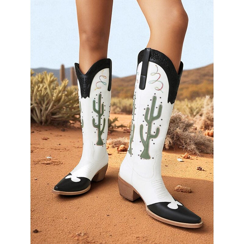 Women's Western Cowboy Boots with Cactus Embroidery, Pointed Toe and Chunky Heel for Rodeos and Western Festivals3