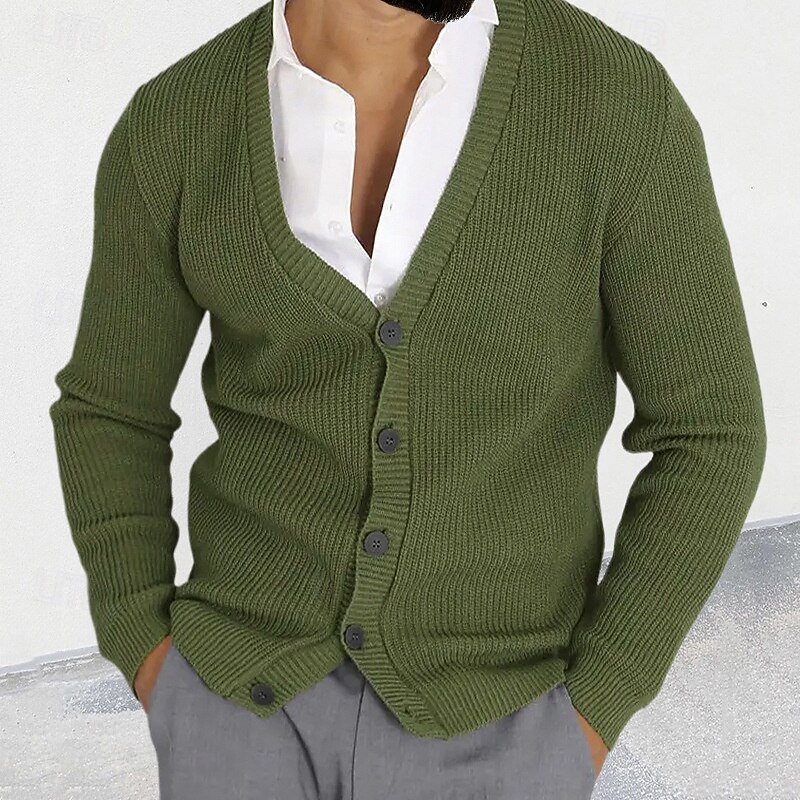 Men's Cardigan Sweater Cropped  Sweater Knit Sweater Ribbed Knit Regular Tops Buttons Plain V Neck Fashion Classic Vacation Daily Wear Clothing Apparel Fall Winter Black Military Green M L XL3